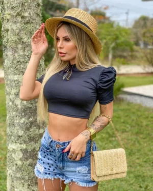 cropped manga bufante preto